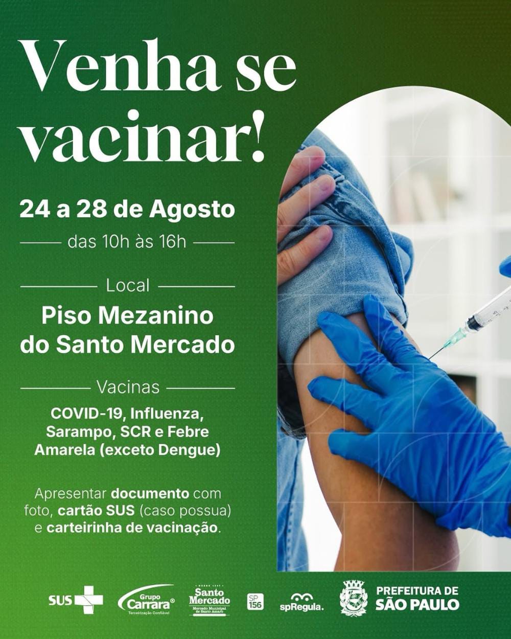 Vacinação em Santo Amaro: Santo Mercado oferece imunização gratuita de 24 a 28 de agosto