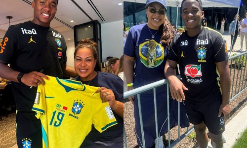 Mãe de Endrick aproveita treino aberto para rever o filho e conhecer craques da Seleção